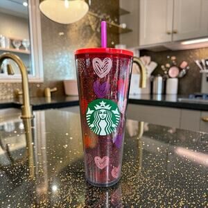 Starbucks 2022 Valentines Tumbler 24 oz Red Sparkle Hearts Cold Cup NWT